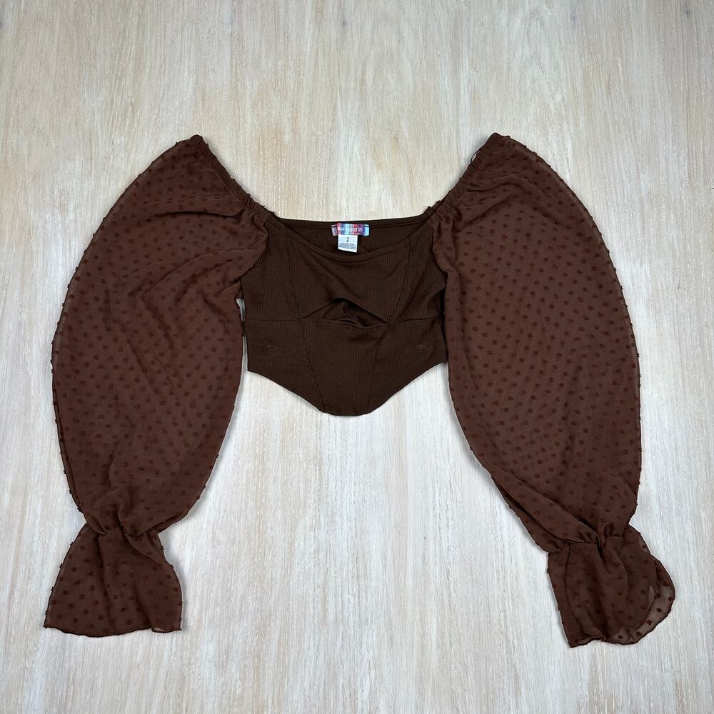 Urban Outfitters Brown Long Sleeve Swiss Dot Romantic Urban Boho Crop Top Small